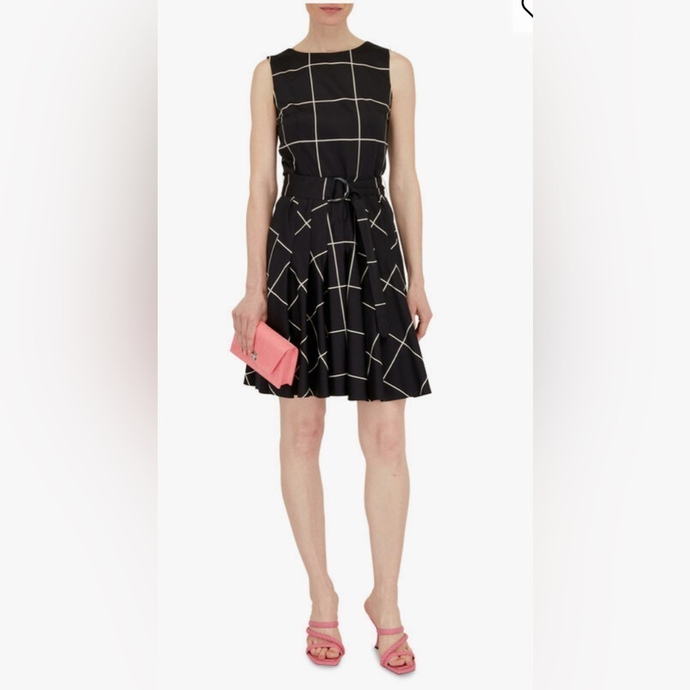 Akris Punto Size 12 Sleeveless Black & Cream Windowpane Belted Cotton Dress NEW!